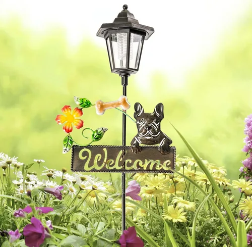 Miniatura 7 de Crosslight Letrero de bienvenida LED solar de Bulldog Francés, luz de estaca de jardín resistente a la intemperie para decoración al aire libre