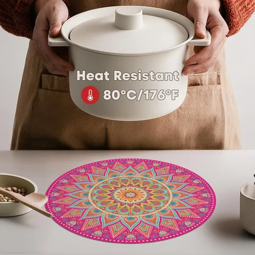 Miniatura 3 de Artoid Mode - Juego de 4 manteles individuales de vinilo de plástico con mandala rosa, manteles redondos tejidos antideslizantes lavables de 14