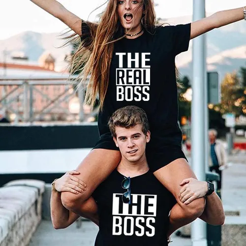 Miniatura 4 de Double Fashion - Camisetas a juego para parejas - His & Her - The Boss & The Real Boss -Letra Print - Manga corta - Camiseta