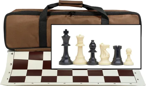 WE Games Juego de ajedrez de viaje para torneos con bolsa de lona marrón, tablero de ajedrez de vinilo enrollable de 20 pulgadas, 34 piezas de