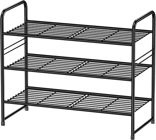 Miniatura 8 de Zapatero simple de 2 niveles y 27 pulgadas de ancho, estante organizador de zapatos de metal resistente para entrada, puerta delantera, color negro