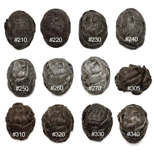 Miniatura 6 de Toupee Hombres Hairpiece Full Poly Toupee para hombres Cabello humano 77 colores PU inyección Mens Toupee sistema de reemplazo de cabello humano