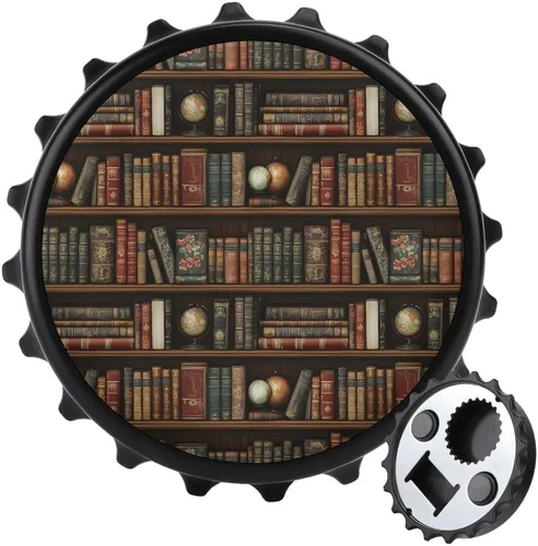 Magnetic Beer Bottle Opener - Vintage Bookshelves Print Portable One Handed Small Magnetic Bottle Opener for Fridge with Bartender and Outdoor,