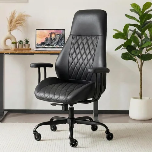 Miniatura 12 de E-Motie Silla de Escritorio para Oficina en Casa, Silla de Computadora de Cuero Ergonómica de Respaldo Alto con Soporte Lumbar, Altura Ajustable