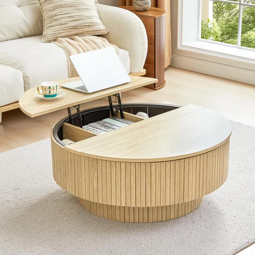 Miniatura 14 de Mesa de café redonda de 31.5", Mesa de centro moderna con acento acanalado y marco de metal, mesas de café de madera redondas para sala de estar