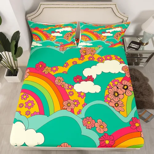 Miniatura 24 de Juego de ropa de cama con diseño floral bohemio, tamaño individual, diseño retro de flores groovy, 60S y 70S, diseño de flores hippie para niños