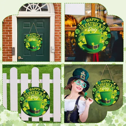 Miniatura 6 de Ferraycle Letrero de puerta de bienvenida del día de San Patricio, decoración colgante de madera de San Patricio, corona de San Patricio, adorno