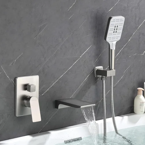 Miniatura 10 de Juego de grifos de bañera en cascada de montaje en pared con rociador, grifo de ducha con kit de ajuste de válvula áspera, color negro mate