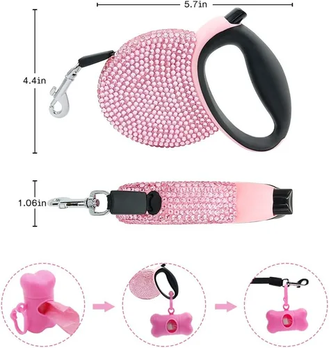 Miniatura 4 de Correa retráctil para perro con diamantes de imitación rosa de 10 pies, correa brillante para mascotas y gatos para razas pequeñas, correa