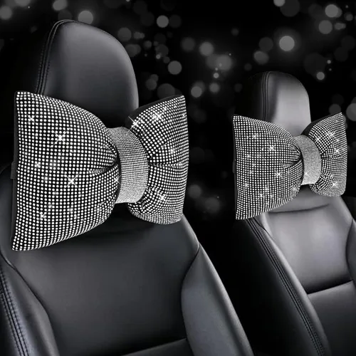 Miniatura 11 de 2 PCS Almohadas Brillantes para Automóvil, Almohada de Reposacabezas de Coche con Lazo de Pedrería, Almohada Cervical para Coche para Relajación