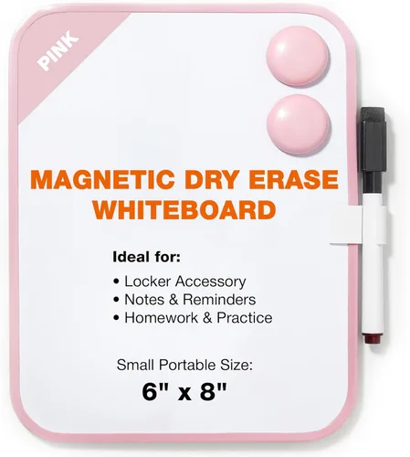 Pizarra Magnética de Borrado en Seco para Casillero Escolar, 6" x 8" con Marcador y 2 Imanes - Pizarra Blanca Pequeña para Aula, Hogar, Oficina, Rosa