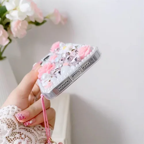 Miniatura 4 de para iPhone Xs/X Funda Bling, Funda de Lujo con Flores de Rincón de Cristal con Purpurina de Diamante y Perla para Mujeres, Niñas y Niños con Cordón