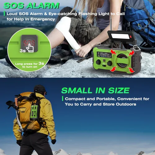 Miniatura 4 de NITIGO Radio meteorológica de emergencia de 37000 mWh, radio solar con manivela Hank con carga USB con NOAA/AM/FM, linterna, luz de lectura, alarma