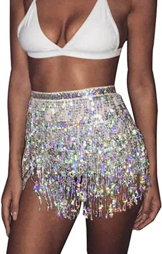 Miniatura 8 de Kakaco Falda de danza del vientre para mujer, faldas de flecos con lentejuelas, falda brillante de cadera, falda de fiesta de moda
