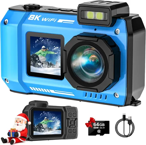 Cámara subacuática UHD 8K, 70MP 33FT WiFi Cámara digital impermeable con tarjeta de 64 GB, enfoque automático, impermeable, doble pantalla, selfie,