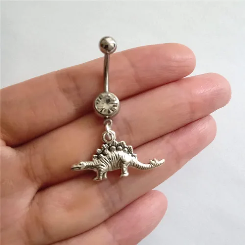 Miniatura 2 de 3pcs Punk Dinosaur Dangle Pendant Belly Button Ring, Tiny Velociraptor Charm Stainless Steel 14 Gauge Navel Barbell Ring