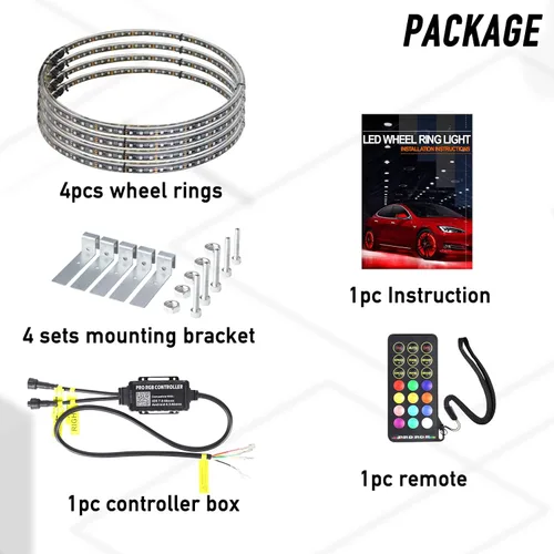 Miniatura 7 de Juego de 4 luces LED RGB de 17 pulgadas para anillo de rueda, control Bluetooth, señal de giro y función de frenado (doble cara)