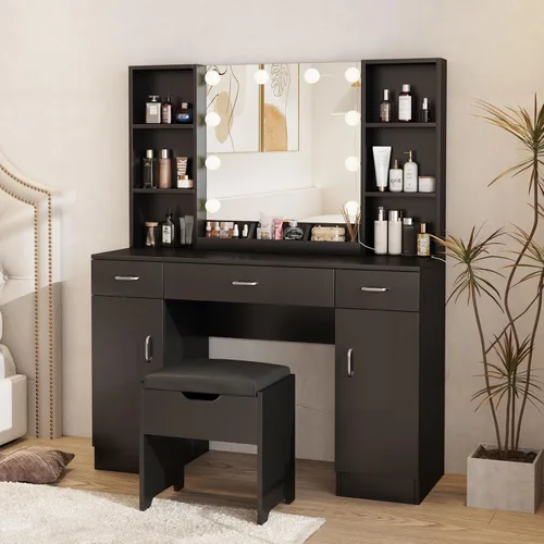 Vabches Escritorio de tocador de maquillaje con espejo iluminado, 3 colores de iluminación, juego de mesa grande negra con taburete de