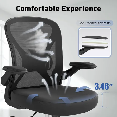 Miniatura 3 de ZZH Silla de oficina de malla con soporte lumbar ajustable y brazos abatibles, silla de escritorio ergonómica para oficina en casa con ruedas