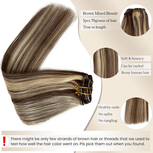 Miniatura 3 de Extensiones de cabello rubio ceniza con reflejos, extensiones de cabello humano real con clip, de 12 pulgadas, 2.47 onzas, doble trama, invisible
