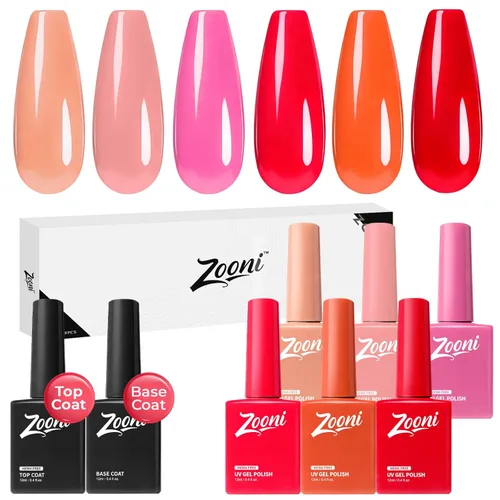 zooni Juego de 8 esmaltes de uñas de gel, sin hema, color nude, rosa, rubí, rojo, naranja, juego de 6 colores con base y capa superior, kit de