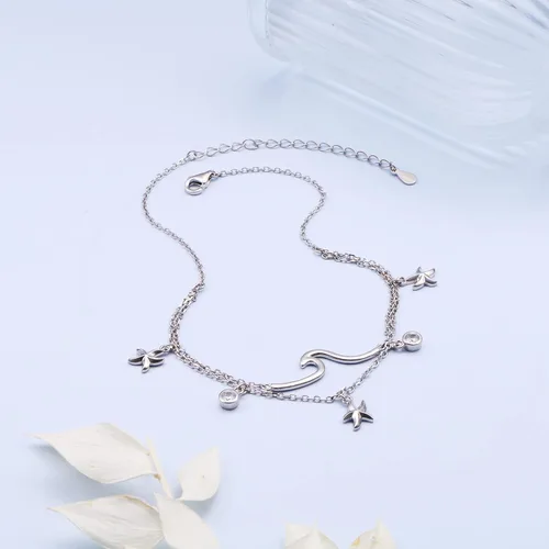 Miniatura 4 de Tobillera ondulada para mujer, de plata de ley S925, ajustable, con estrellas de mar en capas, océano, playa, mar, tobillera