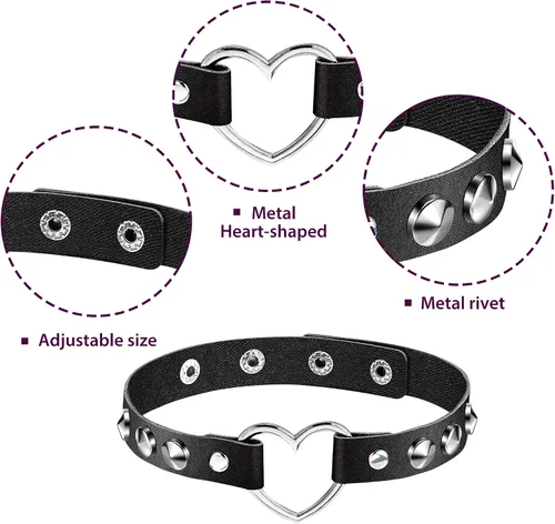 Miniatura 4 de Gargantilla de cuero con tema en forma de corazón de 6 piezas, gargantilla gótica punk ajustable de cuero de la PU (negro), Cuero sintético
