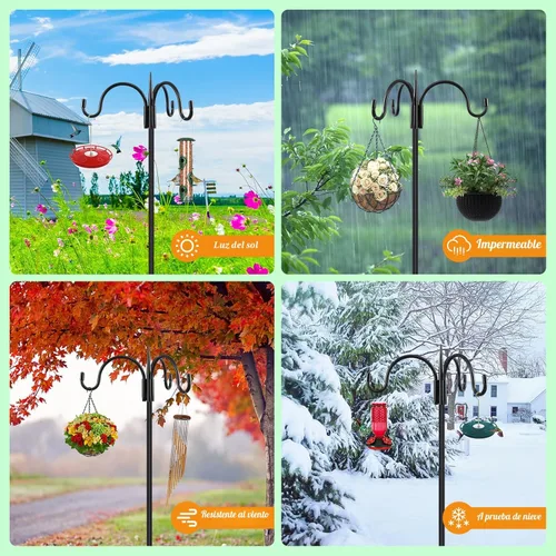 Miniatura 5 de FEED GARDEN Gancho de pastor doble ajustable para exteriores con base de 5 puntas de 63 pulgadas, poste resistente de comedero de pájaros de dos