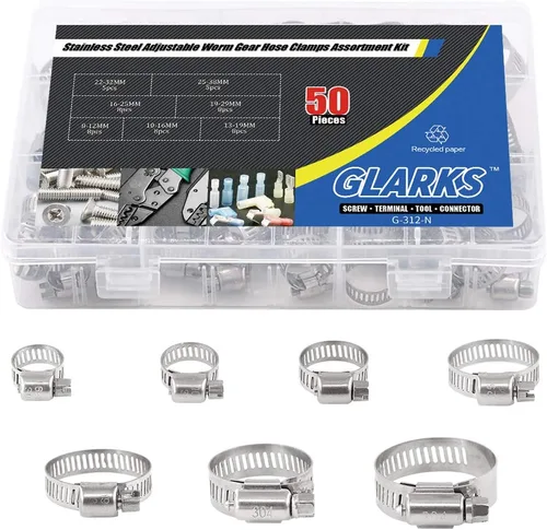 Miniatura 6 de Glarks Kit surtido de abrazaderas de manguera de engranaje helicoidal ajustable de 50 piezas de 0.315-1.496 in de rango de acero inoxidable