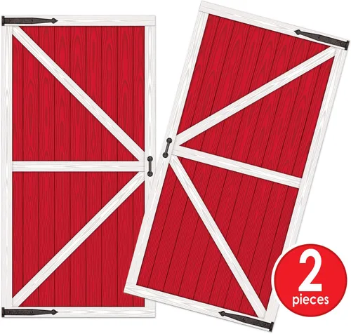 Miniatura 3 de Beistle Accesorios para puerta de granero rojos: paneles de fondo de fotos de plástico fino con impresión de puerta izquierda y derecha para fiestas