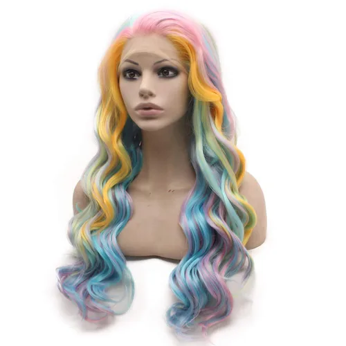 Miniatura 3 de Mxangel - Peluca de cabello sintético largo ondulado azul cielo amarillo colorido encaje frontal fibra resistente al calor Cosplay