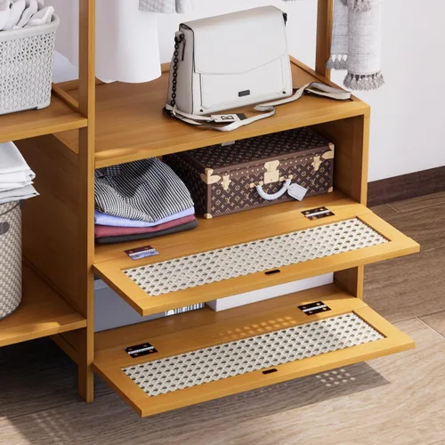 Miniatura 5 de Perchero de Ropa de Bambú, Perchero con Cajones y Estantes, Estantes de Almacenamiento de 5 Niveles con 6 Ganchos para Colgar, Armario Closet