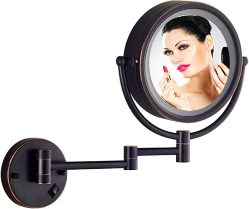 Espejo de maquillaje montado en la pared, espejos de tocador con iluminación LED, rotación de 360 grados, doble cara para baño o dormitorio (negro