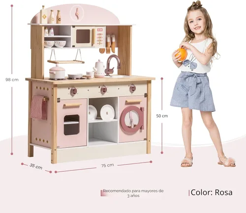 Miniatura 9 de ROBOTIME Juego de cocina de madera, juego de cocina de juego de simulación para niños con diseño realista, juego de cocina para niños y niños Rosa
