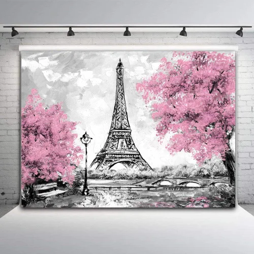 Miniatura 3 de Telón de fondo de fotografía de París, torre Eiffel, fondo de paisaje de ciudad europea, tapiz rosa para colgar en la pared, decoración para sala