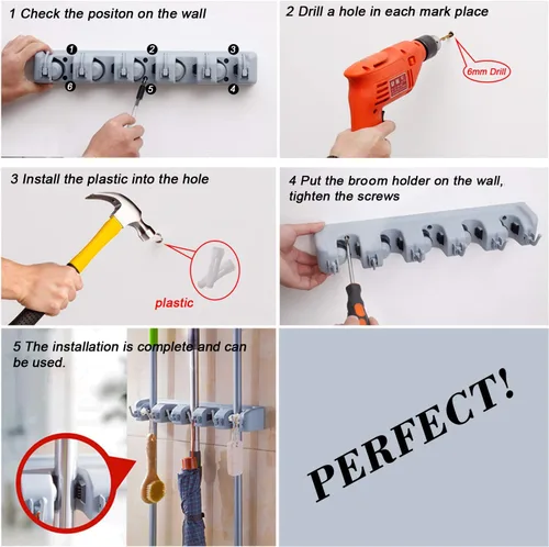 Miniatura 3 de HYRIXDIRECT Soporte de pared para escoba, soporte para trapeador, organizador de herramientas de jardín, garaje, lavandería, organizaciones y Negro