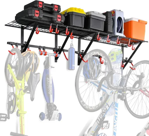 PLKOW Estantería de pared de garaje incluye ganchos para bicicleta, estantería de garaje ajustable y resistente para montaje en pared de