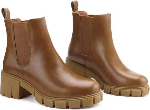 Miniatura 6 de starmerx Botines de plataforma para mujer, botas Chelsea elásticas, tacón medio, botines sin cordones