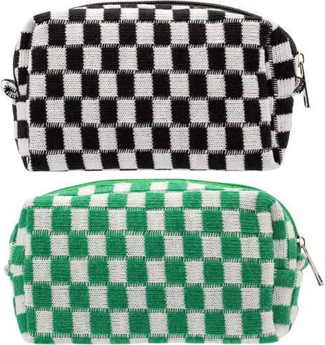 Miniatura 67 de PAZIMIIK Bolsa de Maquillaje a Cuadros para Bolso Portátil con Cremallera, Estuche Pequeño de Cosméticos para Accesorios de Viaje, Azul Ártico