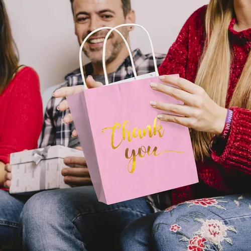 Miniatura 6 de 30 bolsas de regalo de agradecimiento con papel de seda dorado con asas para bodas, cumpleaños, negocios, compras, baby showers, recuerdos de Rosado