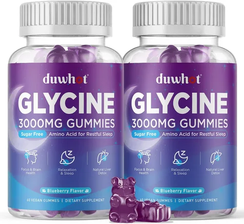 Miniatura 10 de duwhot Gomitas de glicina, 0.11 oz (3000 mg) de suplementos de glicina para dormir, desintoxicación, relajación, apoyo nervioso, sabor arándano, sin