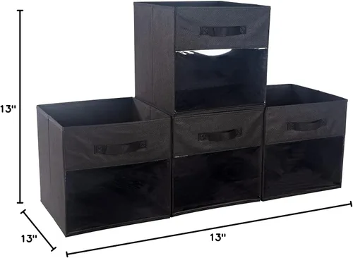 Miniatura 6 de Paquete de 4 cubos de almacenamiento con ventana transparente, cajas grandes con asas, organizador de armario de tela, 13 x 13 x 13 pulgadas