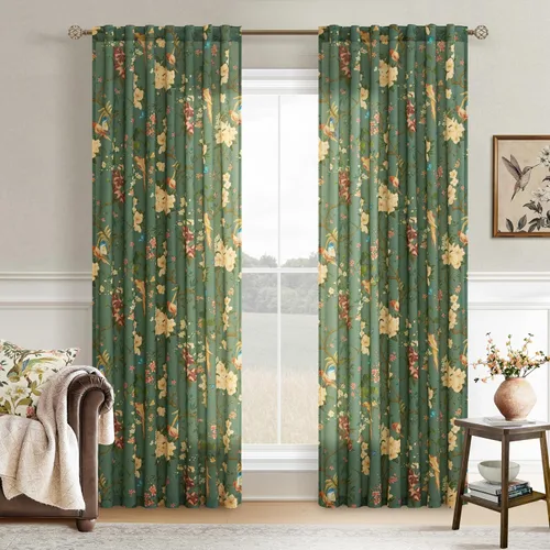 Miniatura 39 de Cortinas de lino florales azules y amarillas, estilo vintage, bohemio, de 63 pulgadas, 2 paneles con pestaña trasera para sala de estar