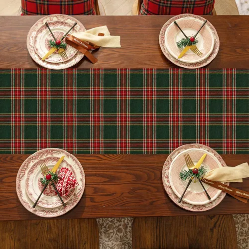 Miniatura 3 de Softalker Camino de mesa de tartán de Navidad a cuadros, color verde, resistente a las manchas, lavable, decoración de mesa de invierno