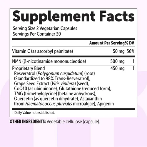 Miniatura 7 de Complejo NMN 1,000 mg por porción, 60 cápsulas vegetales 10 en 1 con mononucleótido de nicotinamida, vitamina C, resveratrol, CoQ10, TMG
