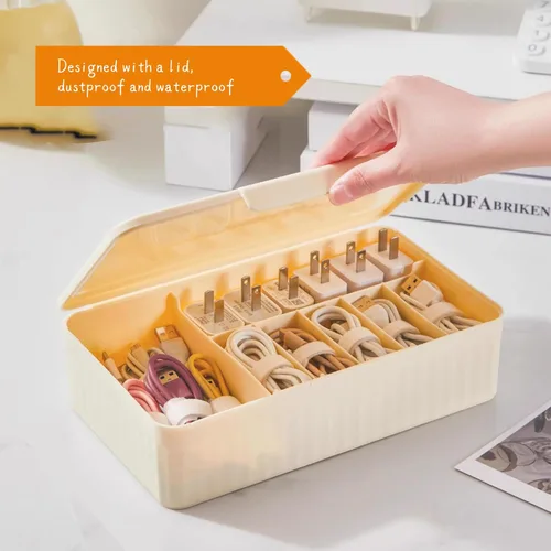 Miniatura 5 de Caja organizadora de cables extra ancha, cargador de viaje, estuche de almacenamiento para auriculares con tapa (amarillo crema)