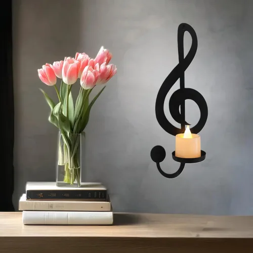 Miniatura 4 de Juego de candelabros de notas musicales 4P negros montados en la pared con bandejas plegables para velas de té, arte decorativo de pared para sala