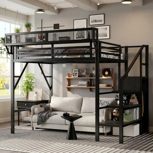 Miniatura 17 de Mirightone - Cama alta tamaño individual con escaleras y almacenamiento, base de cama de metal, estante de noche y gran espacio debajo, resistentes