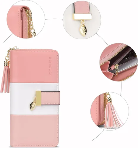 Miniatura 5 de Carteras RFID para mujer con múltiples ranuras para tarjetas y compartimento para teléfono celular, cartera para mujer, Rosa SakuraBlancoRosa