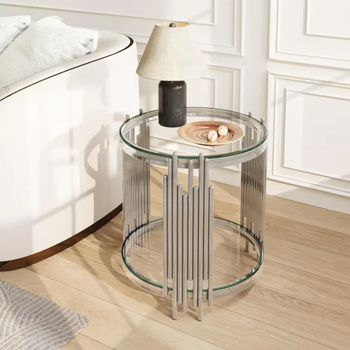 Miniatura 20 de Moderna mesa consola de cristal plateado, mesa de sofá estrecha para entrada con estantes de almacenamiento de 2 niveles para pasillo, espacio